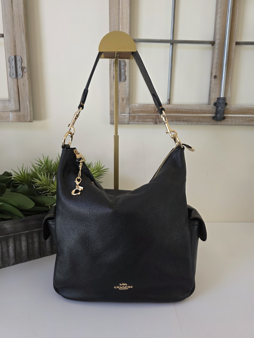 Coach Pennie Hobo Shoulder Bag Black Pebbled Leather Gold Tone C Mini Charm - Picture 2 of 13